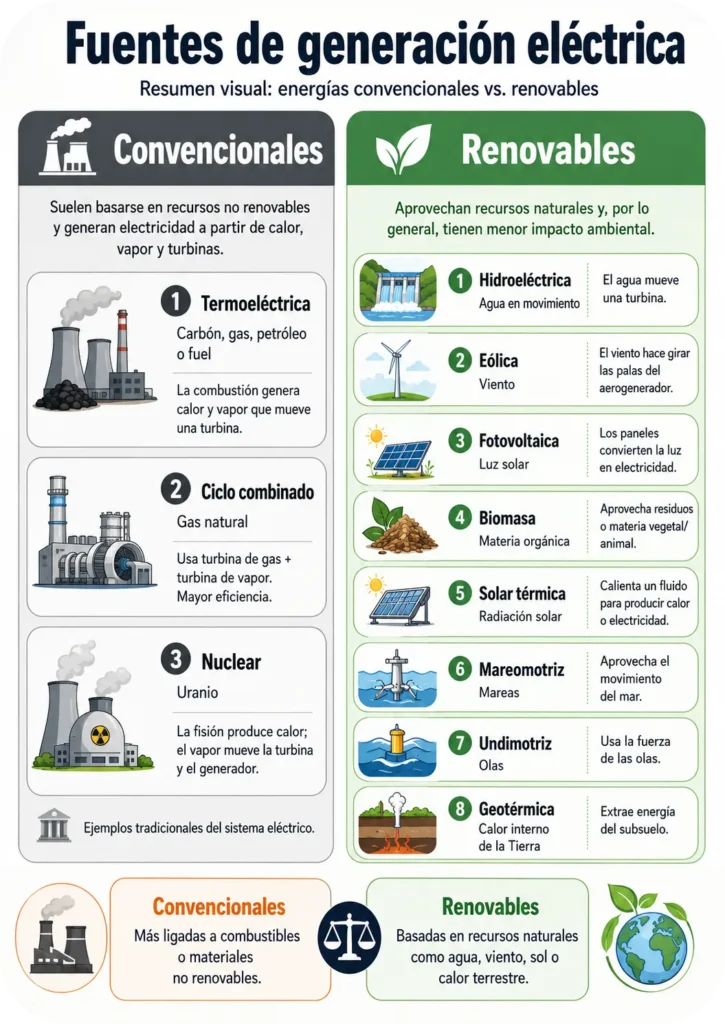Resumen gráfico de las principales fuentes de energía renovables y convencionales, con ejemplos como paneles solares, aerogeneradores y centrales nucleares.