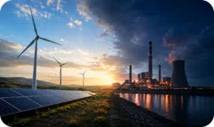 The image shows various examples of renewable power generation systems, such as solar panels and wind turbines, compared with conventional power generation systems, represented by a power plant.