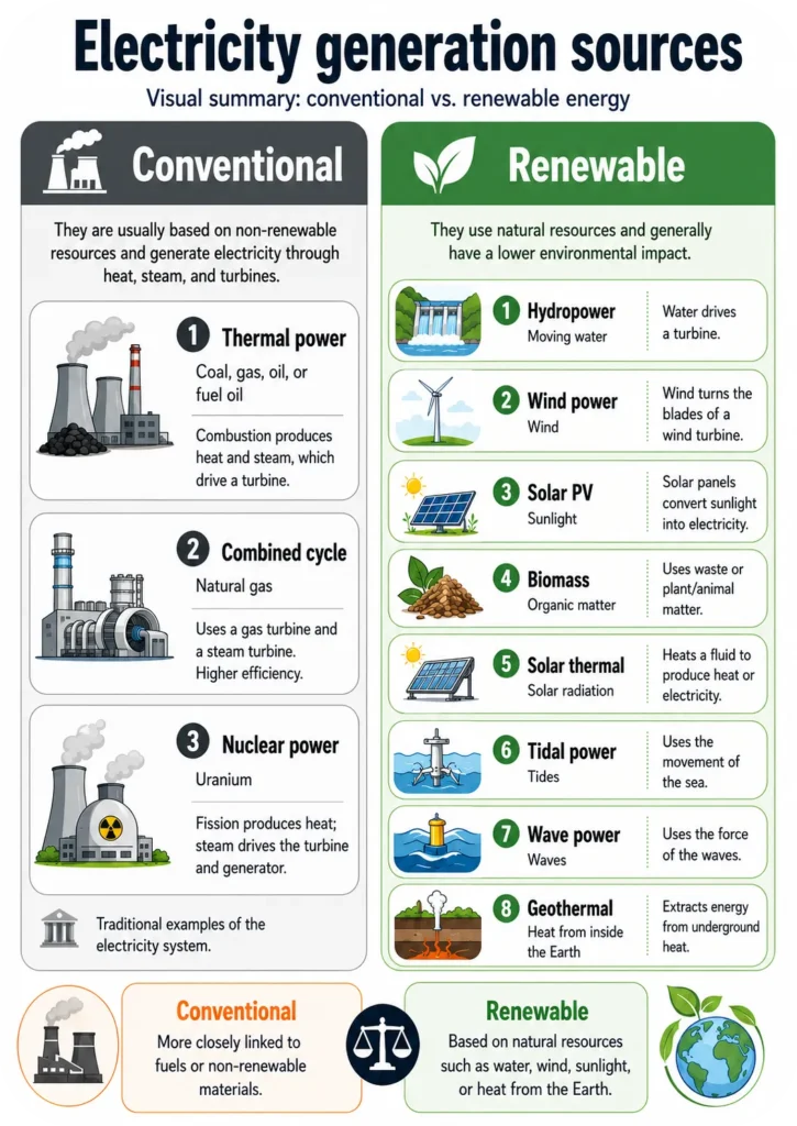 Visual summary of the main renewable and conventional energy sources, with examples such as solar panels, wind turbines, and nuclear power plants.