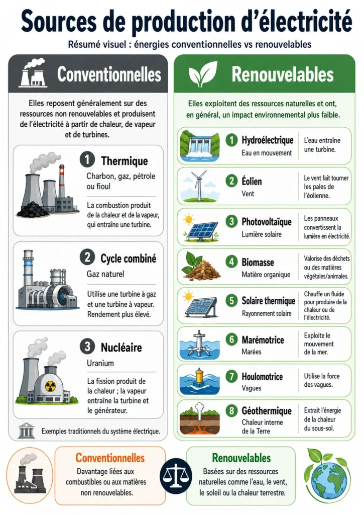 Résumé visuel des principales sources d’énergie renouvelables et conventionnelles, avec des exemples tels que les panneaux solaires, les éoliennes et les centrales nucléaires.