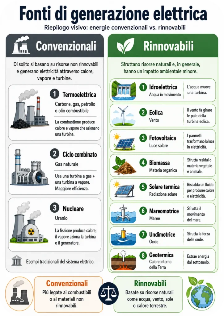Riepilogo visivo delle principali fonti di energia rinnovabili e convenzionali, con esempi come pannelli solari, turbine eoliche e centrali nucleari.