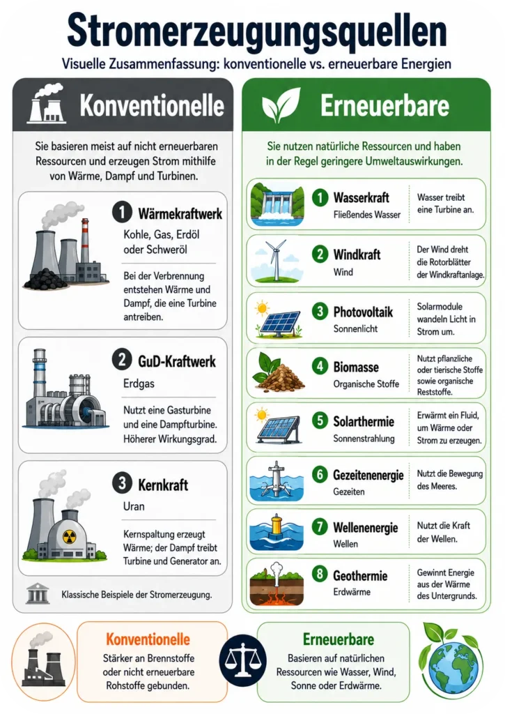 Visuelle Zusammenfassung der wichtigsten erneuerbaren und konventionellen Energiequellen, mit Beispielen wie Solarmodulen, Windkraftanlagen und Kernkraftwerken.