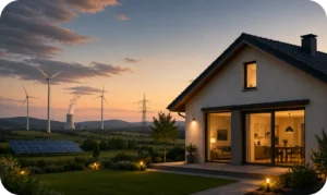Conceptual image representing household electricity consumption through an illuminated home and the generation sources that make up a country’s energy mix for supplying electrical power.