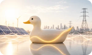 Conceptual image representing the phenomenon known as the duck curve, the mismatch between electricity demand and solar photovoltaic generation, and the impact of curtailment on the grid.